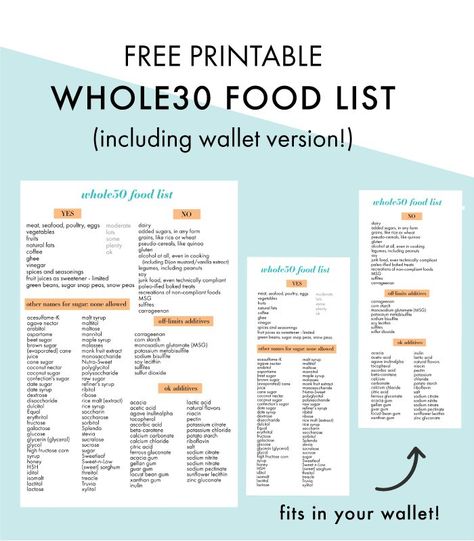 This Whole30 food list (with printable download) is your quick guide to knowing which foods are Whole30-compliant and which foods are not Whole30-compliant! And this printable Whole30 food list download can be printed out and tacked onto the fridge, and a smaller version is the size of a dollar - perfect for your wallet! #whole30 #list #printable #download #free #healthy #paleo #healthyliving #cleaneating #realfood Whole 30 Food List, Whole30 Food List, 30 Diet, Green Meals, Whole 30 Diet, Food Freedom, Place Making, Healthy Food List, Diet Vegetarian