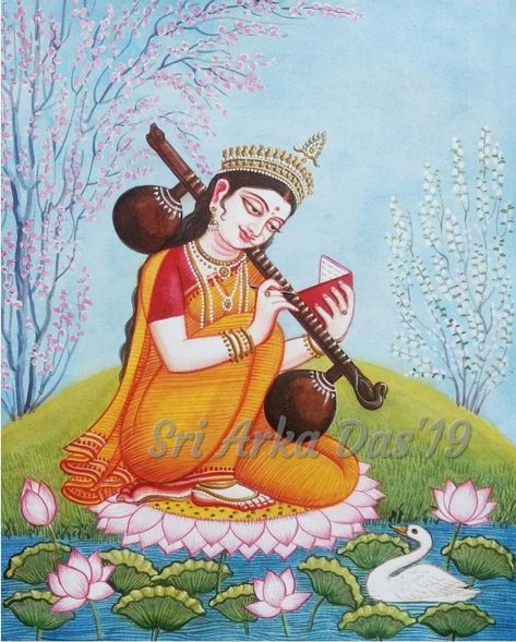 Indian Gods Watercolor Paintings, Traditional Painting Ideas, Ma Saraswati, Saraswati Painting, Maa Saraswati, Devi Maa, Canvas Art Painting Abstract, Buddhist Art Drawing, Saraswati Devi