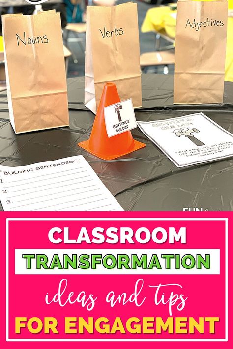 One of my favorite ways to engage kindergarten, 1st grade, or 2nd grade students is through classroom transformations! In this post, I'm giving a guide to setting up a construction classroom transformation, and also sharing all of the learning activities we complete! These activities include everything from word work activities to math and writing! Writing Classroom Transformation, Construction Transformation Classroom, Construction Theme Classroom Activities, First Grade Classroom Transformations, Construction Room Transformation, Construction Classroom Transformation, Construction Classroom, Construction Theme Classroom, Transformations Math