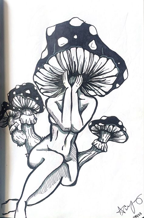 black and white ink psychedelic mushroom headed woman drawing Goth Mushroom Drawing, Drawings Mushroom Fairy, Mushroom Tattoo Black And White, Trippy Black And White Tattoos, Trippy Mushrooms Drawing, Unique Mushroom Drawing, Ink Drawing People, Mushroom Circle Drawing, Flower Body Drawing