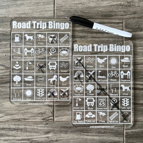 Our back seat bingo boards are the perfect road trip accessory to help keep your children occupied and looking for things while having fun and keeping them busy. Engraved on the back side of 1/8" clear acrylic for a smooth front they can be written on with dry erase markers, washable Crayola markers, dry erase Crayons, or dry erase chalk markers over and over again for plenty of fun in the car. Each board is 5.25" x 7.5", and all 4 boards are different. Play Blackout, Lines, rows, or diagonal bi Acrylic Engraving Ideas, Glowforge Acrylic Projects, Acrylic Laser Projects, Fun Cricut Projects, Car Bingo, Road Trip Accessories, Acrylic Projects, Road Trip Bingo, Texas Metal