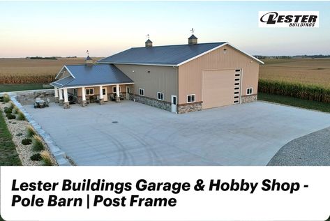 Lester Buildings Garage & Hobby Shop - Pole Barn | Post Frame. This 48' x 80' x 17' Hobby Shop includes an additional 44'x 24' x 9'2" space. Exterior is in our Uni-Rib Clay with Stone wainscot, Quaker Gray roof and Snow White trim. Exterior features stone wainscot, a wraparound porch, and Cupolas. #LesterBuildings #PoleBarn #PostFrame #HobbyShop #Garage #DreamBuilding White Trim Exterior, Lester Buildings, Wraparound Porch, Post Frame, Barn Style House, Exterior Stone, Pole Barn, Hobby Shop, She Shed