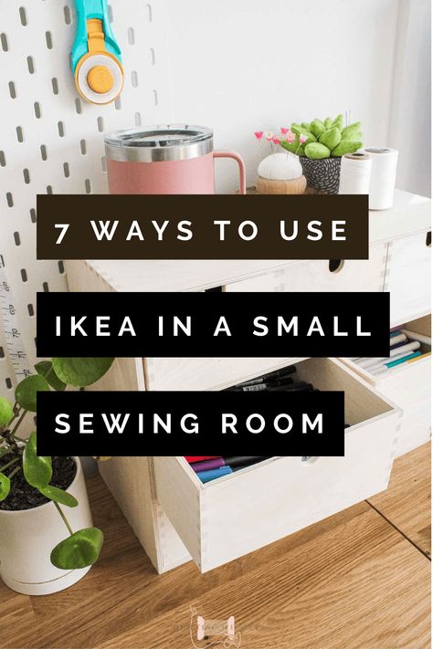 Organize Sewing Room Small Spaces, Ikea Hack Sewing Room, Corner Sewing Space, Ikea Hacks Sewing Room, Sewing Spaces Small, Sewing Table Hack, Sewing Room Small Space Ideas, Closet Sewing Space Diy, Best Sewing Room Layouts