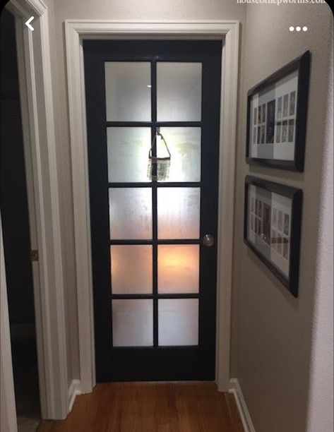 Frosted Glass Bedroom Door, Frosted Glass French Doors Interior, Black Glass Panel Door, Glass Bedroom Door Privacy, Black Interior Doors With Glass Panels, Interior Door With Frosted Glass Panel, Pantry Door Frosted Window, Door Contact Paper, Frosted French Doors Interior