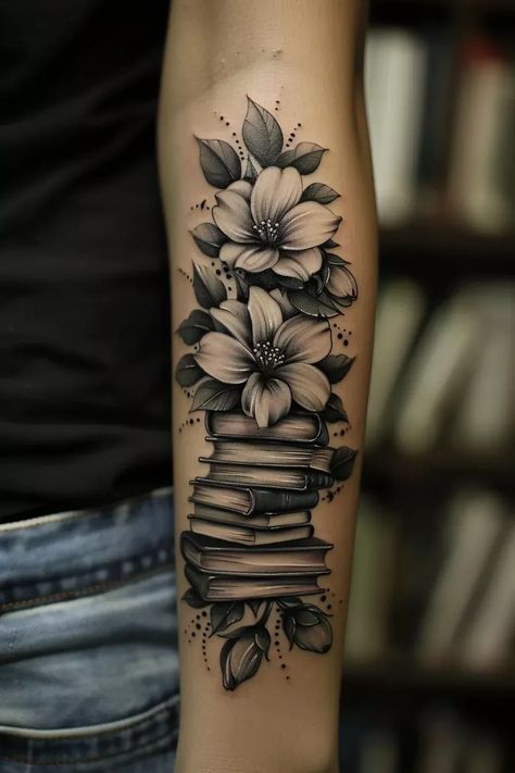 Small Book Tattoo Ideas, Book Tattoo Minimalist, Traditional Book Tattoo, Books Tattoo Ideas, Unique Tattoo Designs Sleeve, Book Tattoo Ideas For Women, Librarian Tattoo, Book Tattoo Sleeve, Book Tattoo Designs