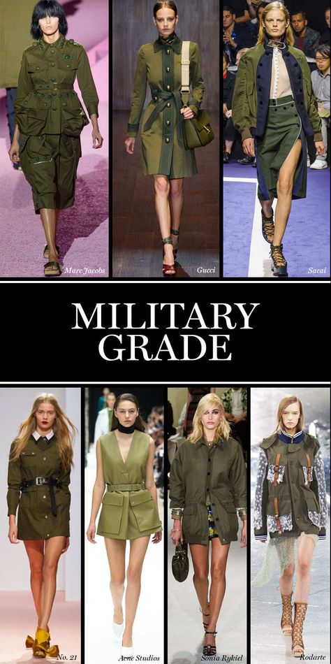 Military Grade A counterpart to the season's interest in free-loving bohemia, utilitarian, surplus styles in army green marched on the runways at Sacai, Marc Jacobs, and No. 21, among others. Look for a uniform of drab colors and exposed pockets next season.  Photo: Imaxtree Military Inspired Fashion, Military Trends, Army Look, Military Chic, Military Looks, Army Fashion, Army Uniform, Army Jacket, Military Gear