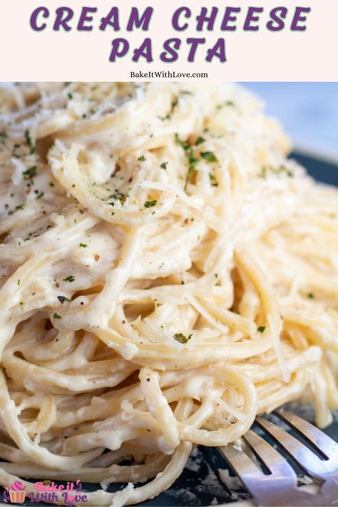 My easy-to-make, decadent cream cheese pasta is a quick side dish that’s perfect for weeknights and can be dressed up for weekends! Perfectly cooked spaghetti is tossed in a garlicky cream cheese and Parmesan sauce that lusciously coats every strand! BakeItWithLove.com #bakeitwithlove #creamcheesepasta #pastadishes #easydinners #sidedishes Easy Cream Cheese Pasta, Greek Yogurt Pasta Sauce, Cream Cheese Pasta Sauce, Cream Cheese Spaghetti, Alfredo Sauce Recipe Easy, Cream Cheese Pasta, Cream Cheese Sauce, Cheese Sauce For Pasta, Pasta Side Dishes