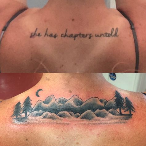 Cover up script quote tattoo with mountain range :) Cover Up Script Tattoos, Mountain Tattoo Cover Up Ideas, Script Tattoo Cover Up, Script Cover Up Tattoo, Moutain Tattoos, Tattoo Coverup, Quote Tattoo, Elements Tattoo, Explore Tattoo