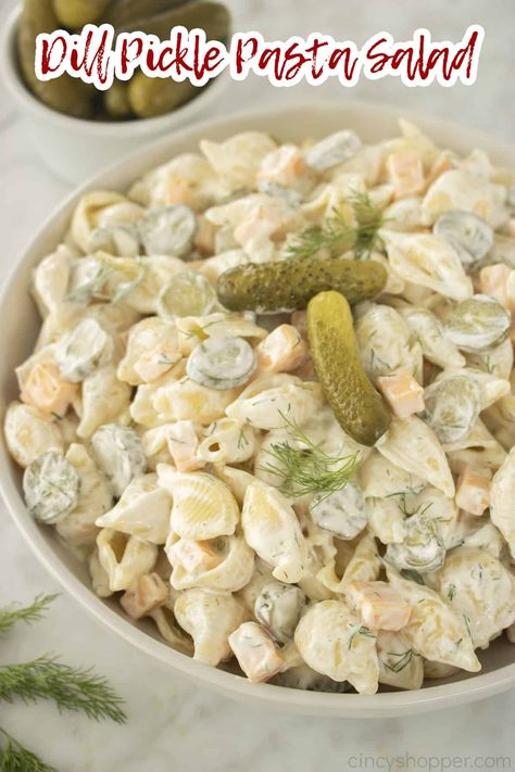 Dill Pickle Pasta Salad - CincyShopper Dishes For Family Reunion, Side Dishes For Family Reunion, Summer Side Salads, Bbq Pasta Salad, Pasta Salad Summer, Pickle Pasta Salad, Asian Pasta Salads, Chicken Pesto Pasta Salad, Gratin Recipes