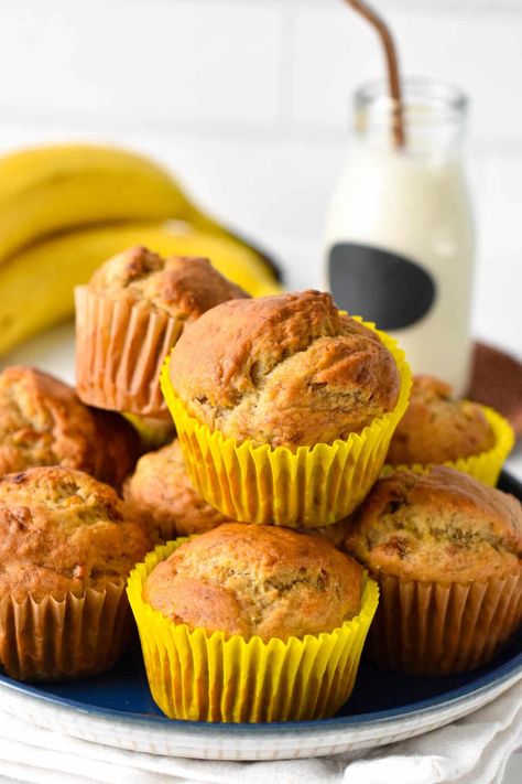 These Eggless Banana Muffins are the most fluffy, soft banana muffins made with no eggs and refined sugar free. It's a great banana muffin recipe for anyone allergic to eggs, or on a vegan diet. No Egg Banana Recipes, Ripe Banana Recipes No Egg, Egg Free Banana Muffins, Ripe Banana Recipes, Eggless Banana Muffins, Egg Free Muffins, Conscious Plant Kitchen, Vegan Banana Muffins, Ripe Banana Recipe