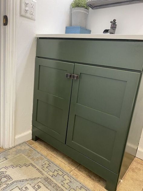 Pewter Green Bathroom, Headboard Bathroom, Paint My Bathroom, Suitcase Vanity, Diy Wallpaper Headboard, Concrete Bathroom Vanity, Farmhouse Bathroom Makeover, Bathroom Decor Elegant, Bathroom Makeover On A Budget