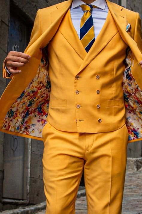 Unique Mens Suit Colors, Fun Mens Suits, Mustard Suit Men, Yellow Tuxedo Wedding, Colorful Suit Men, Colourful Suits Men, Mens Colorful Suits, Elevated Maximalism, Yellow Groom Suit