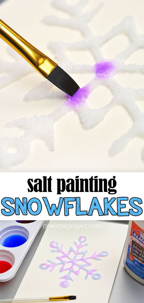 Glue Salt Watercolor, Glue Salt Painting, Salt Glue And Watercolor Painting, Salt Painting Christmas, Snowflake Salt Painting, Winter Painting Kids, Salt Watercolor Painting, Salt Art Painting, Salt Snowflakes