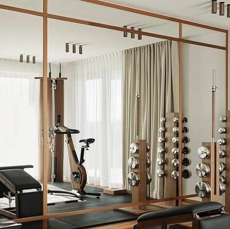 Westward Atelier on Instagram: "Project N. 07 has unique rooms around every corner. This dreamy home gym has us goal setting for our client as we build out the perfect workout space. Credit: @studiolawahl . . . . #homegym #designinspiration #luxuryfitness #californiadesigner #bayareadesigner #design" Home Training Room, Zen Gym Design, Home Gym Luxury, Gym Mirror Wall, Home Gym Design Luxury, Modern Home Gym, Luxury Home Gym, Unique Rooms, Home Gym Basement