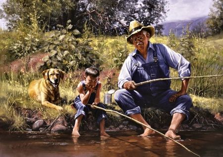 Fishing With Grandpa F1 - canine, art, fish, landscape, artwork, wide screen, painting, dog, pet, fishing, grandpa, illustration Fishing With Grandpa, Paul Harvey, 300 Pieces Jigsaw Puzzle, Salt Water Fishing, Hunting Girls, Fishing Pictures, Gone Fishing, Country Art, Fish Art