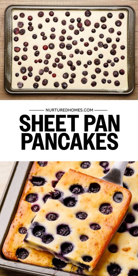 This sheet pan blueberry pancake recipe is so convenient and the perfect easy breakfast for a busy day! Blueberry Pancake Bake Easy Recipes, Sheet Pan Breakfast, Sheet Pan Pancakes, Blueberry Pancakes Easy, Low Sodium Breakfast, Blueberry Upside Down Cake, Berry Pancakes, Breakfast Recipes Easy Quick, Blueberry Pancakes Recipe