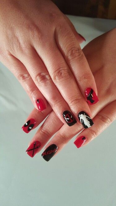 Deadpool Nails Deadpool Acrylic Nails, Deadpool Nails Acrylic, Deadpool Nail Art, Deadpool Nails, Marvel Nails, Pool Nails, Business Nails, Tamaki Amajiki, Aesthetic Backpack