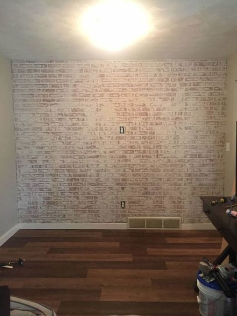 Accent Wall Basement, Accent Wall Staircase, Faux Brick Accent Wall, Accent Wall Tutorial, Brick Veneer Panels, Wall Staircase, Basement Man Cave, Diy Faux Brick Wall, Faux Brick Backsplash