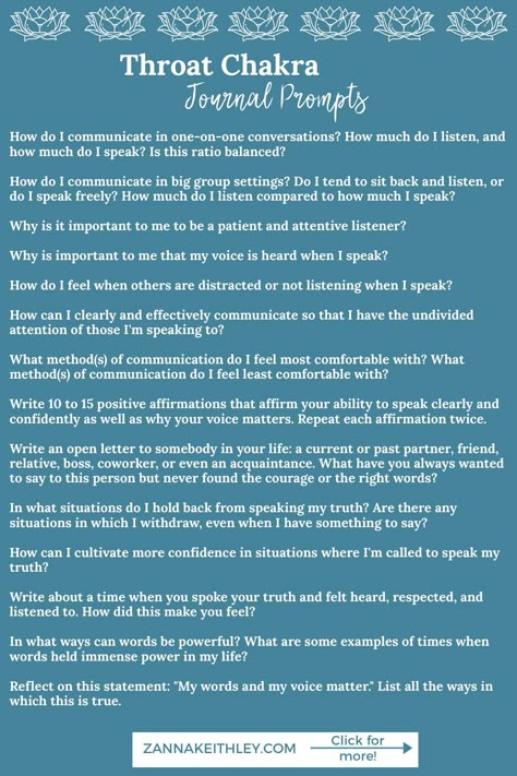 Discover 30 powerful journal prompts for opening and healing your throat chakra, your body’s energy center for communication, authenticity, and peace. Plus download free printable affirmations and journal prompts to support your healing journey! #throatchakra #chakrahealing #chakras #chakrajournaling #journalprompts #freeprintables Communication Shadow Work, Journal Prompts For Communication, Reiki Journal Prompts, Communication Prompts, Journal Prompts For Authenticity, Spiritual Healing Journey, Inner Healing Journal Prompts, Powerful Journal Prompts, Authenticity Journal Prompts