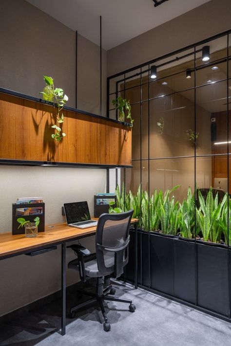 One Room Office Design, Retail Mock Up Space, Interior Designer Office Ideas, Office Interior Design Nature, Plant Partition Interiors, Office Shop Design, Modern Small Office Design Interiors, Small Architect Office Design, Unique Office Design Interiors