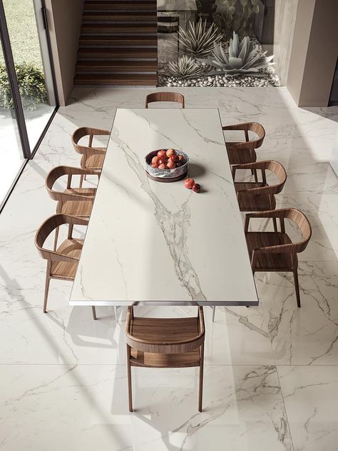 Marble Flooring Dining Room, Matt Marble Floor, Dining Room With Marble Floor, Interior Design Marble Floor, Marble Japandi, Marble Floor Dining Room, White Marble Floor Living Room, White Marble Dining Room, Dining Room Marble Table