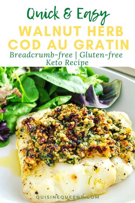 25 minutes · Gluten free · Serves 4 · If you like rich and crispy fried fish but prefer a more light and healthy baked fish without all the breading, you can guiltlessly indulge in this baked cod recipe. The gratin is breadcrumb-free… More Cod Recipes Gluten Free, Gluten Free Fish Breading, Crispy Fried Fish, Baked Cod Recipes, Inflammation Recipes, Anti Inflamatory, Cod Recipe, Whole 30 Diet, Healthy Baked