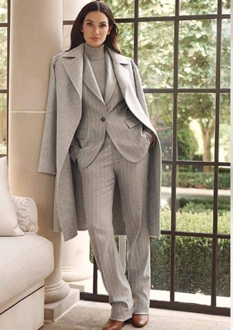 Pinstripe Suit Women, Long Grey Coat, Grey Pinstripe Suit, Ralph Lauren Womens Clothing, Woman In Suit, Light Grey Suits, Woman Suit Fashion, Suit Coat, Pinstripe Suit