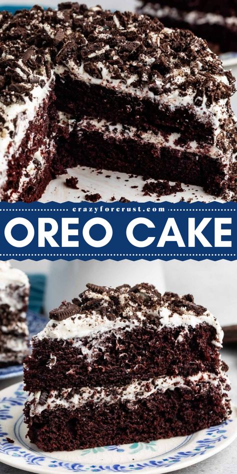 Satisfy your sweet tooth with this Oreo Cake Recipe! Layers of dark chocolate cake are filled with marshmallow buttercream and packed with tons of Oreos, making it the ultimate cookies n' cream dessert for the best dessert recipes and cake ideas! Desserts Made With Oreos, Oreo Birthday Cake Ideas, Gluten Free Oreo Cake, Oreo Cake Ideas, Oreo Cake Filling, Simple Cake Ideas, Easy Oreo Cake, Oreo Chocolate Cake, Oreo Cakesters