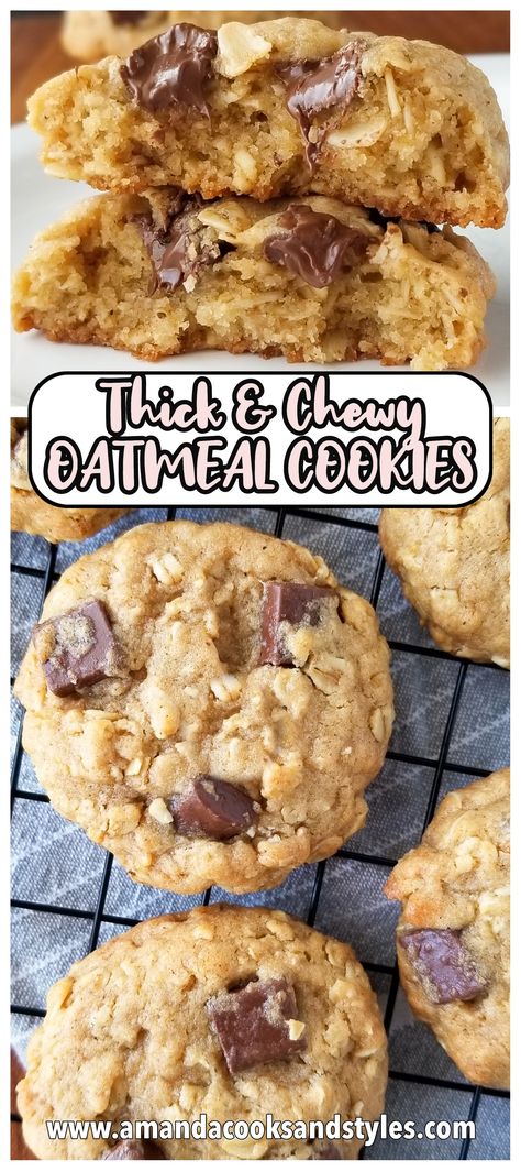 Oatmeal Cookies Thick And Chewy, Dark Chocolate Chunk Oatmeal Cookies, Ultra Thick Bakery Style Cookies, Thick Chewy Cookie Recipes, Thick And Chewy Oatmeal Cookies, Chunky Oatmeal Cookies, Gooey Oatmeal Cookies, Thick Oatmeal Chocolate Chip Cookies, Oatmeal Chocolate Chunk Cookie Recipe