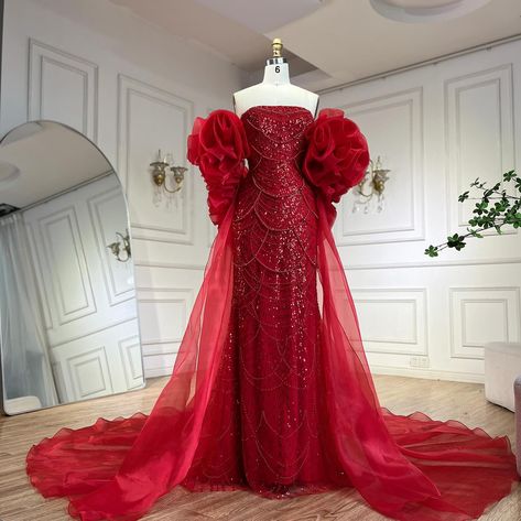 LA72585 Organza Cape, Red Mermaid, Long Cape, Mermaid Evening Dress, Crystal Dress, Dress With Puff Sleeves, Bridal Elegance, Gala Events, Fantasy Gowns