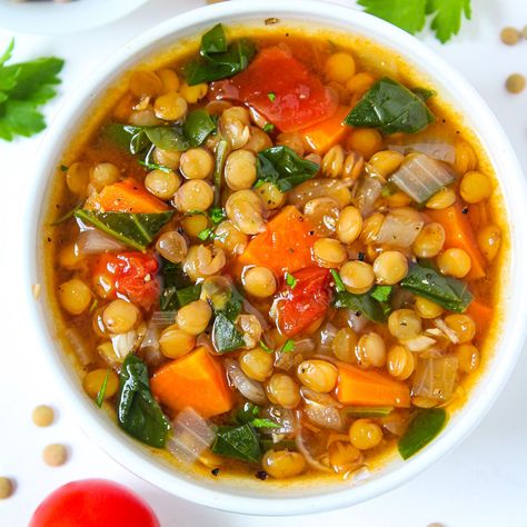 This easy Lentil Spinach Soup recipe comes together in one pot with veggies, warm spices, and protein-rich lentils! It's nutrient-dense, budget-friendly, and freezer-friendly. Plus easy to customize! (Vegan, gluten-free, oil-free.) Lentil Spinach Soup, Spinach Soup Healthy, Spinach Lentil Soup, Lentil Spinach, Vegan Lentil Recipes, Butter Bean Soup, Lentil Recipes Easy, Spinach Soup Recipe, Vegan Lentil