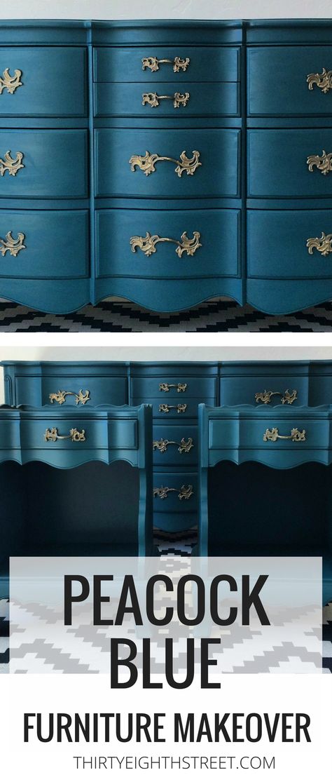 Blue Painted Furniture Ideas! Peacock Blue Chalk Painted Bedroom Furniture. Furniture Makeover Before And Afters. DIY Furniture Tutorials and Painted Furniture Inspiration! #peacock #bluefurniture #bedroomfurniture #paintedfurniture Chalk Painted Bedroom Furniture, Peacock Blue Furniture, Chalk Paint Bedroom Furniture, Furniture For Bedroom, Blue Painted Furniture, Painted Bedroom, Blue Chalk Paint, Dresser Painted, Furniture Apartment