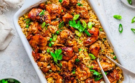 This Asian-inspired chicken thigh recipe all-in-one’ tray bake dish is just like a Chinese takeaway, all in the one pot! It’s a perfect ‘fakeaway’ meal for the weekend or midweek without all the calories or cost. It just takes 15 minutes to prepare and cooks in under an hour. Chicken Thigh Traybake Recipes, Chicken Thigh Tray Bake Recipes, Tray Bake Chicken Recipes, Chicken Tray Bakes Recipes, Chicken Thigh Tray Bake, Chicken And Potato Tray Bake, Chicken Thigh Fillet Recipes, Sticky Chicken Thighs, Healthy Chicken Thigh Recipes