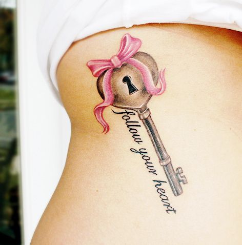 Id get the heart lock  my daughters name in the shape of a key with the bow attached to it or maybe no bow at all Key Tattoo Designs, Key Tattoos, Key Tattoo, Sick Tattoo, Ribbon Tattoos, Geniale Tattoos, Heart Tattoo Designs, Female Tattoo, Tat Ideas