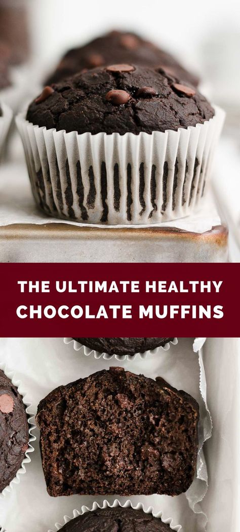 This is the BEST chocolate muffins recipe! They’re really moist & soft, super chocolaty, and have an almost fudgy brownie-like flavor & texture. Seriously — like eating brownies for breakfast! These healthy chocolate muffins are EASY to make too. They taste SO good! You’d never guess they were healthy! (clean eating, low calorie, sugar free & fantastic gluten free options too!) Semi Healthy Muffins, Low Calorie Gluten Free Muffins, Heart Healthy Muffins Clean Eating, Healthy Dessert Muffins, Healthy Recipes Muffins, 100 Calorie Chocolate Muffins, Low Gi Muffins Recipe, Healthy Chocolate Muffins Easy, Healthy Flourless Muffins