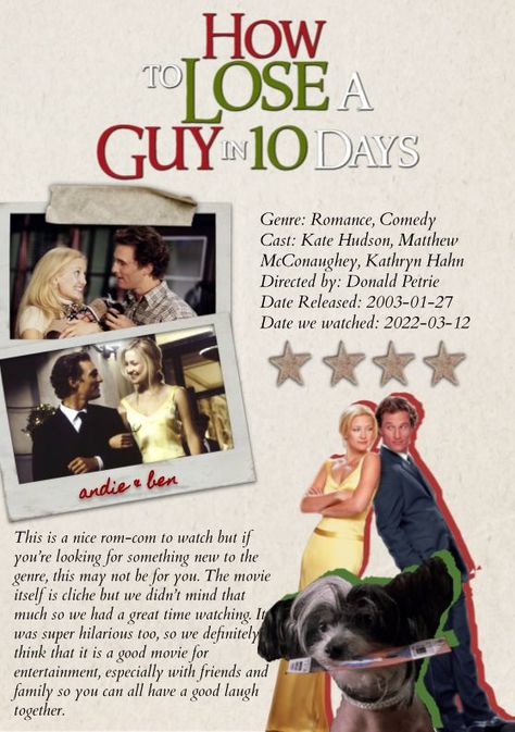 How Loose A Guy In 10 Days, How Lose A Guy In 10 Days Movie Poster, Movie Scrapbook, Canva Graphics, Rom Coms, Movie Journal, Intp T, Film Journal, Comfort Place