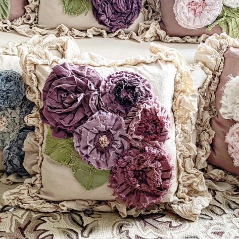 Jill (@dovesanddahlias) • Instagram photos and videos Big Flower Pillow, Lacy Pillows, Ruffle Pillow Case Pattern, Large Flower Pillow, Pillow Case Dress Tutorial, Fancy Pillows, Embroidery Patterns Vintage Shabby Chic Embroidered Pillows, Fancy Cushions, Shabby Chic Diy Projects