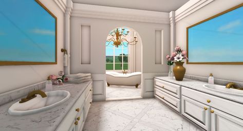 Bloxburg Fancy Bathroom Ideas, Bloxburg Jack And Jill Bathroom, Bloxburg Bathroom Inspiration, Big Bathroom Bloxburg Ideas, Nursery Ideas In Bloxburg, Bloxburg Hotel Bathroom Ideas, Bloxburg Luxury Bathroom Ideas, Bathroom Layout Bloxburg, Bathroom Inspiration Bloxburg