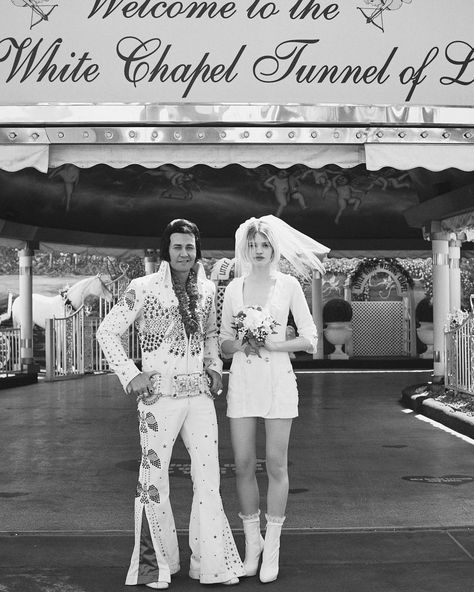 zoey grossman on Instagram: “🖤 chapel of love @stellaluciadeopito for @forloveandlemons styled by @pursenboots hair/makeup by @staceytan_” Elvis Wedding Vegas, Dark Maxi Dress, Vegas Wedding Dress, Stella Lucia, Wedding Vegas, Elvis Wedding, Lookbook Photography, Elvis Impersonator, White Chapel