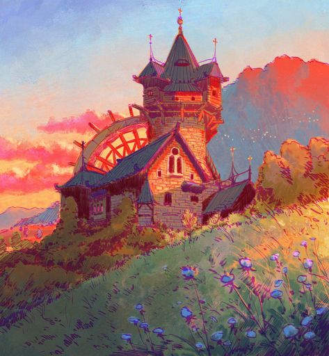 Drawing Places Ideas, Pretty Scenery Paintings, Colorful Digital Art Illustrations, Environment Concept Art Landscape, Fantasy Environment Concept Art, Illustration Art Landscape, Fantasy Landscape Illustration, Reference Landscape, Landscape Fantasy Art