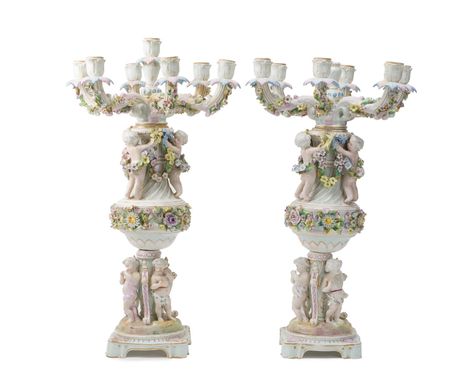 Lot - A pair of Meissen-style candelabra Antique Candelabras, Silver Candelabra, Glass Candelabra, Porcelain Candle Holder, Wall Candle, Candle Cups, Meissen Porcelain, Dresden Porcelain, Single Candle