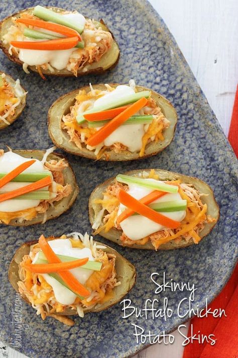 These potato skins are stuffed with shredded buffalo chicken breast made in the crock pot, topped with melted cheese, blue cheese dressing, carrots and celery – they are seriously delicious! What's football without the appetizers. Skinnytaste Buffalo Chicken, Buffalo Chicken Potato, Buffalo Chicken Breast, Chicken Potato, Potato Skin, Chicken Potatoes, Eating Plan, Potato Skins, Ww Recipes