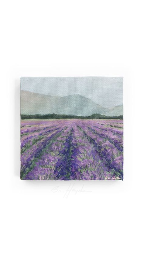 Mini acrylic painting by Brie Hayden showing a lavender field Landscape Art Ideas, Lavender Field Painting, Simple Painting Ideas, Tapestry Ideas, Field Landscape, Painting Series, Simple Painting, Lavender Field, Polaroid Pictures