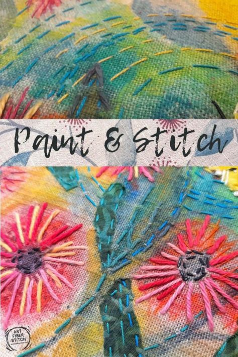 Painting On Printed Fabric, Paint And Sewing Art, Art Quilting Ideas Thread Painting, Hand Painted Quilts Fabric Art, Slow Stitching On Clothing, Slow Stitch Pillow, Paint And Stitch On Fabric, Fabric Paint And Embroidery, Slow Stitch Embroidery