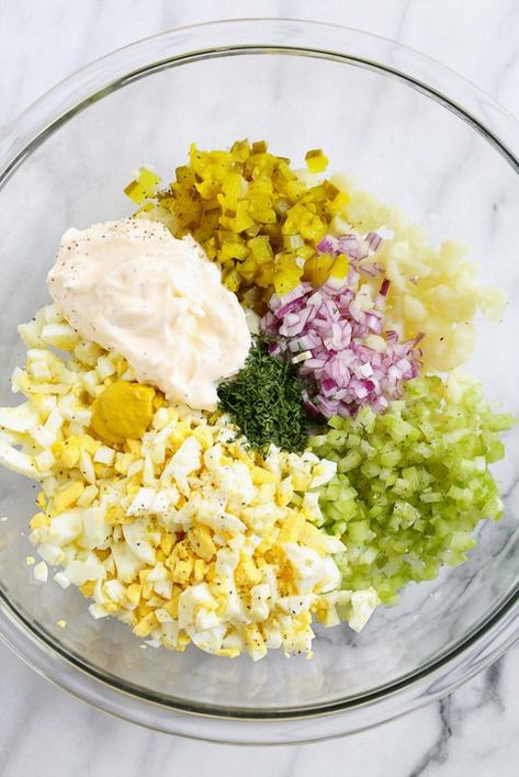 Indulge in a delicious twist on traditional potato salad with this low-carb version, featuring cauliflower as a clever substitute for potatoes. Ideal for those following a Keto diet or anyone aiming to reduce their carb intake. Skinnytaste Potato Salad, Cauliflower Egg Salad, Mock Potato Salad With Cauliflower, Low Carb Cauliflower Potato Salad, Cauliflower Potato Salad Keto, Low Carb Potato Salad, Faux Potato Salad, Salad Substitute, Keto Potato Salad