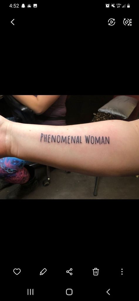 Black forearm tattoo reads phenomenal woman Phenomenal Woman Tattoo, Woman Forearm Tattoo, Woman Tattoo, Forearm Tattoo Women, Phenomenal Woman, Forearm Tattoo, Fish Tattoos, Jesus Fish Tattoo, Tattoos For Women