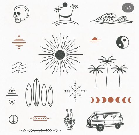 Outdoor Graphic Design, Line Art Travel, Van Life Travel, Surf Drawing, Beachy Tattoos, Australia Tattoo, Surf Tattoo, Png Illustration, Retro Tattoos