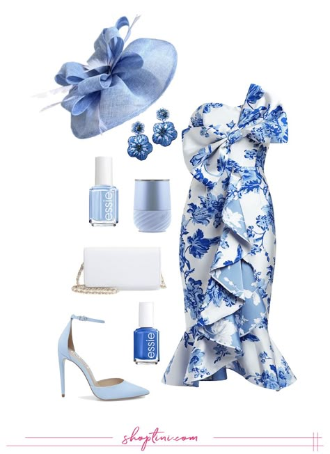 Elegant Blue and White Floral Dress with accent blues and whites is perfect to wear to a horse race. Kentucky Derby Style. Melbourne Cup Style. Kentucky Derby Blue Dress, Kentucky Derby Long Dress, Kentucky Derby Dress For Women, Kentucky Derby Dresses For Women 2022, Floral Derby Dress, 2024 Derby Dress, Navy Derby Dress Outfit, Bridal Tea Outfit Guest, Horse Race Attire For Women