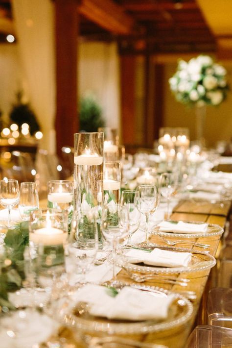 Candles For Reception Tables, Cylinder Candles Wedding Table, Candle Long Table Centerpiece, Winter Wedding Floating Candles, Floating Candles Table Decor, Floral And Candle Table Decor, Wedding Table Floating Candles, Wedding Table Scape With Candles, Farm Table Centerpiece Wedding