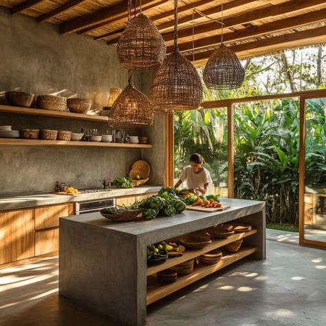 Bali Interior Design, Earthy Kitchen, Indoor Courtyard, Tropical Kitchen, Ranch Kitchen, Bungalow Kitchen, Recycled House, Earthy Home, Kitchen Pantry Design